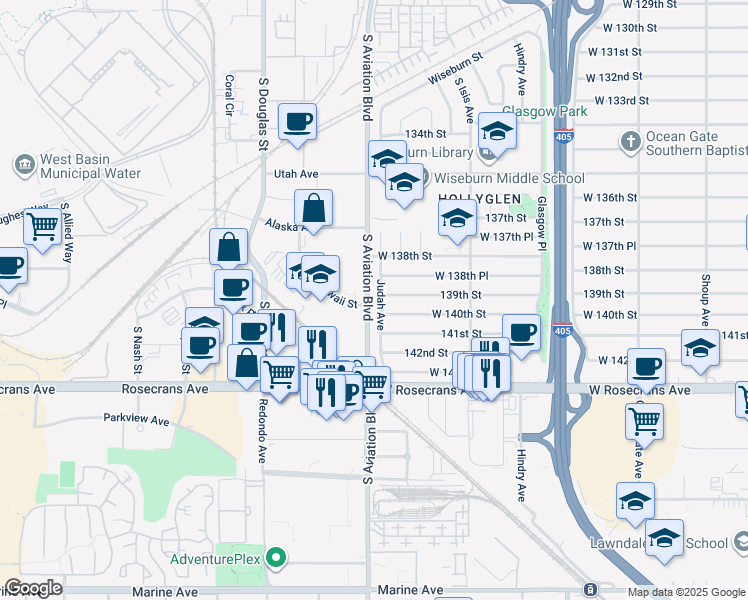 map of restaurants, bars, coffee shops, grocery stores, and more near 13903 Judah Avenue in Hawthorne