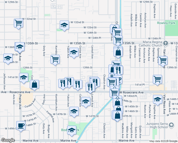 map of restaurants, bars, coffee shops, grocery stores, and more near 13922 Cerise Avenue in Hawthorne