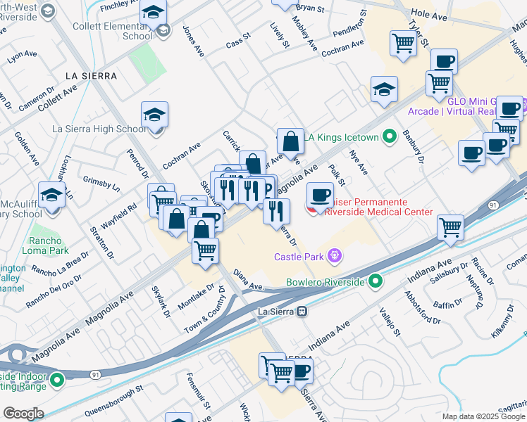 map of restaurants, bars, coffee shops, grocery stores, and more near 10920 Magnolia Avenue in Riverside