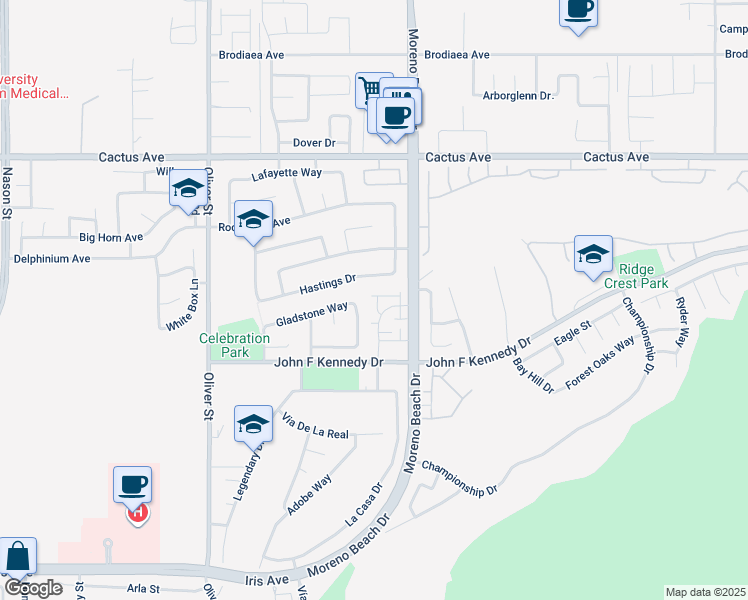 map of restaurants, bars, coffee shops, grocery stores, and more near 27920 John F Kennedy Drive in Moreno Valley
