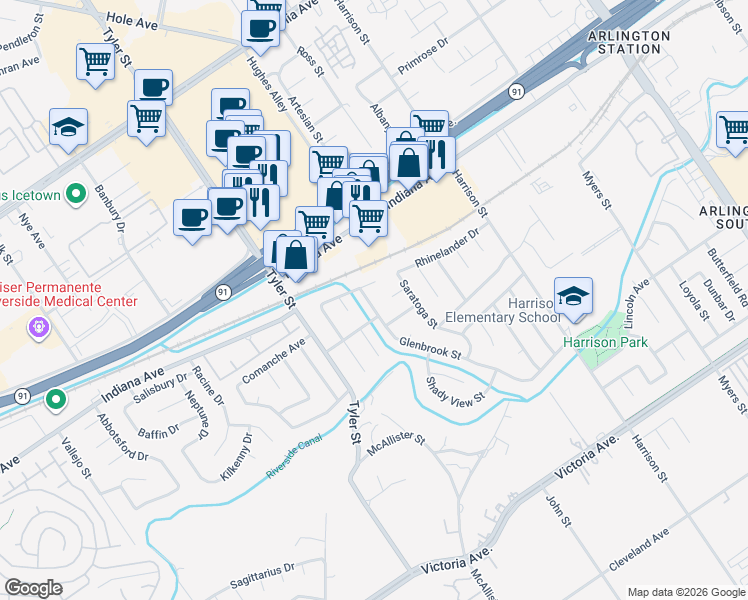 map of restaurants, bars, coffee shops, grocery stores, and more near 10151 Zuni Pass in Riverside