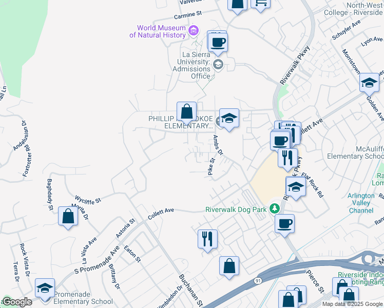 map of restaurants, bars, coffee shops, grocery stores, and more near 12006 Pike Street in Riverside