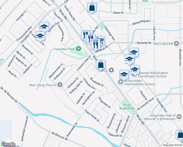 map of restaurants, bars, coffee shops, grocery stores, and more near 1114 Springbrook Street in Corona