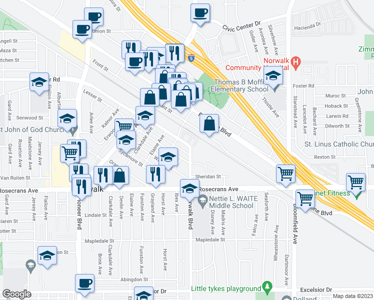 map of restaurants, bars, coffee shops, grocery stores, and more near 12162 Pine Street in Norwalk