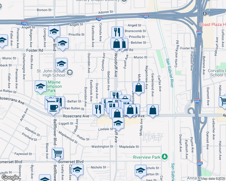 map of restaurants, bars, coffee shops, grocery stores, and more near 14018 Ibbetson Avenue in Bellflower
