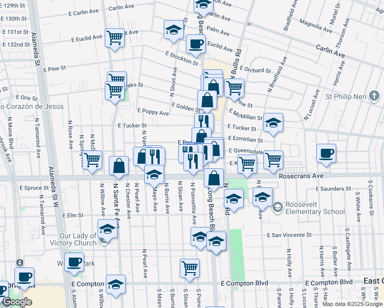 map of restaurants, bars, coffee shops, grocery stores, and more near 1208 East Kay Street in Compton
