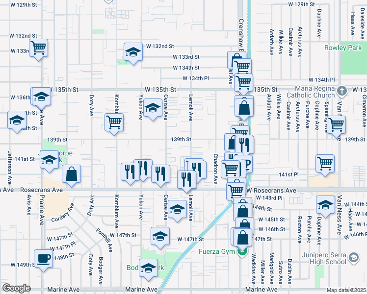 map of restaurants, bars, coffee shops, grocery stores, and more near 13922 Cerise Avenue in Hawthorne