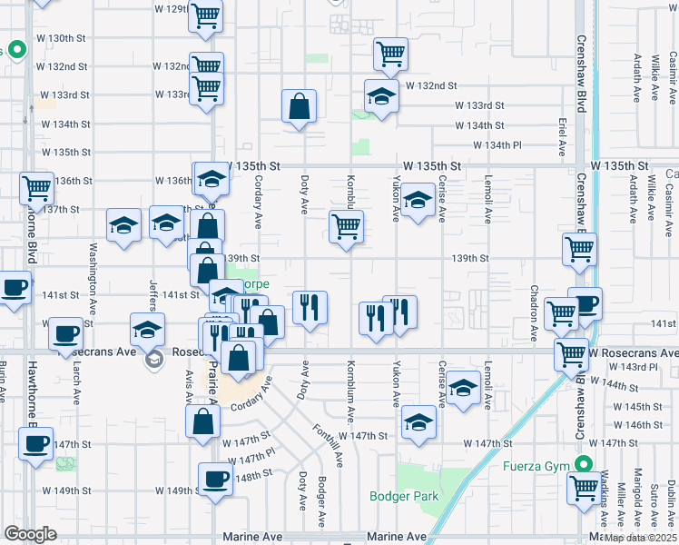 map of restaurants, bars, coffee shops, grocery stores, and more near 13933 Kornblum Avenue in Hawthorne