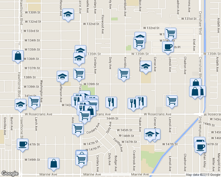 map of restaurants, bars, coffee shops, grocery stores, and more near 13937 Doty Avenue in Hawthorne