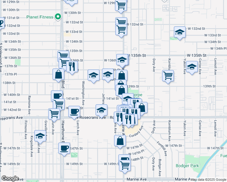 map of restaurants, bars, coffee shops, grocery stores, and more near 4064 West 139th Street in Hawthorne