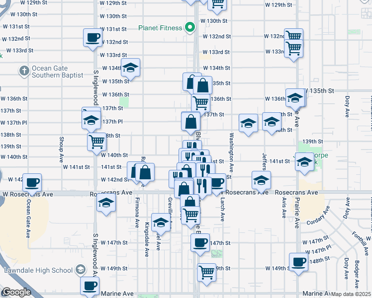 map of restaurants, bars, coffee shops, grocery stores, and more near 14005 Hawthorne Boulevard in Hawthorne