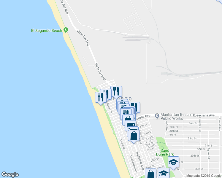 map of restaurants, bars, coffee shops, grocery stores, and more near 209 43rd Street in Manhattan Beach