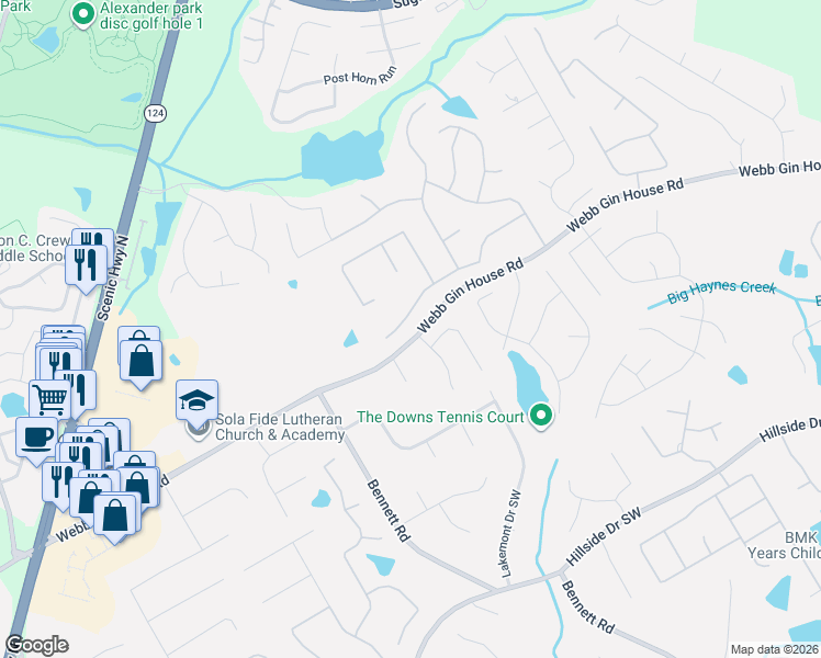 map of restaurants, bars, coffee shops, grocery stores, and more near 1156 Havenstone Walk Southwest in Lawrenceville