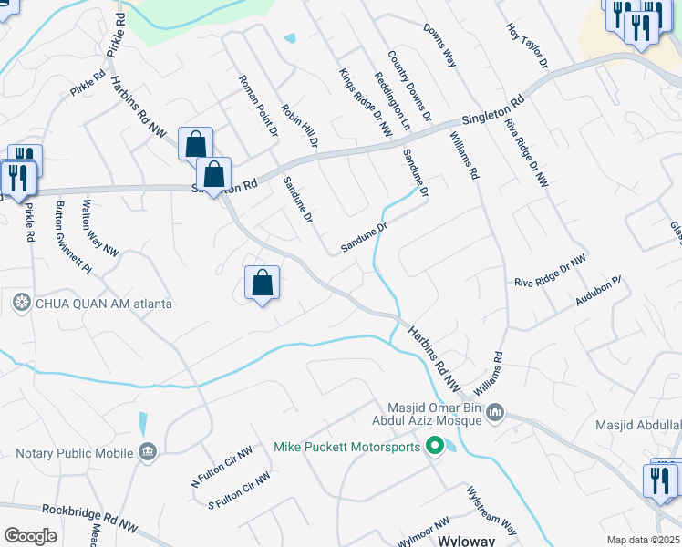 map of restaurants, bars, coffee shops, grocery stores, and more near 5554 Clover Rise Lane in Norcross
