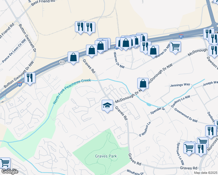 map of restaurants, bars, coffee shops, grocery stores, and more near 401 Autumn Leaf Way in Norcross