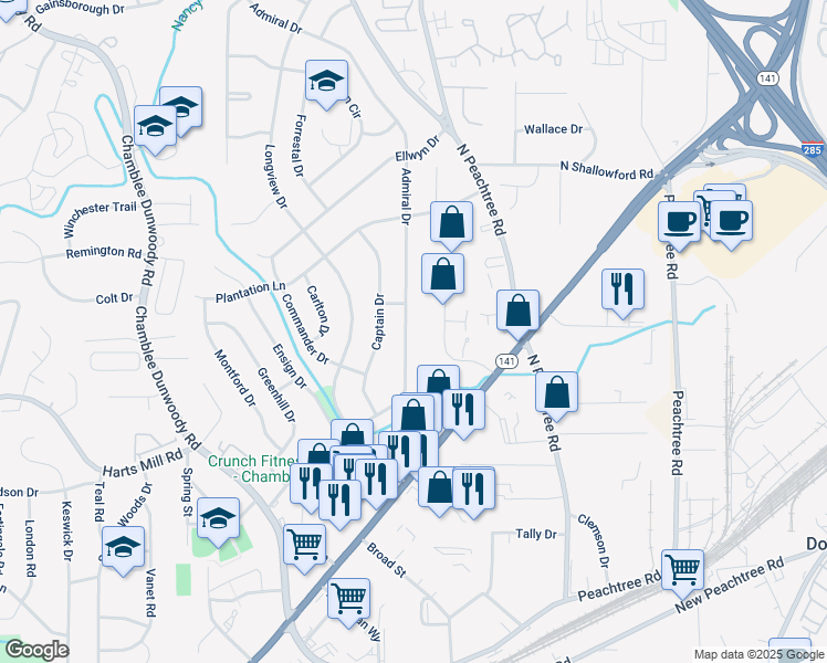 map of restaurants, bars, coffee shops, grocery stores, and more near 3841 Admiral Drive in Atlanta