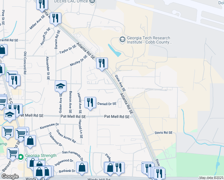 map of restaurants, bars, coffee shops, grocery stores, and more near 1954 Atlanta Road Southeast in Smyrna