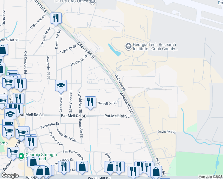 map of restaurants, bars, coffee shops, grocery stores, and more near 1954 Atlanta Road Southeast in Smyrna