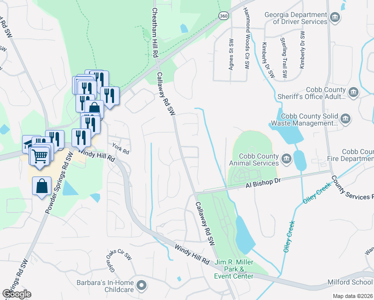 map of restaurants, bars, coffee shops, grocery stores, and more near 1916 Cheatham Woods Drive Southwest in Marietta