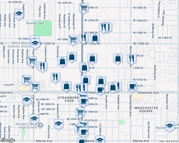 map of restaurants, bars, coffee shops, grocery stores, and more near 1730 139th Street in Gardena