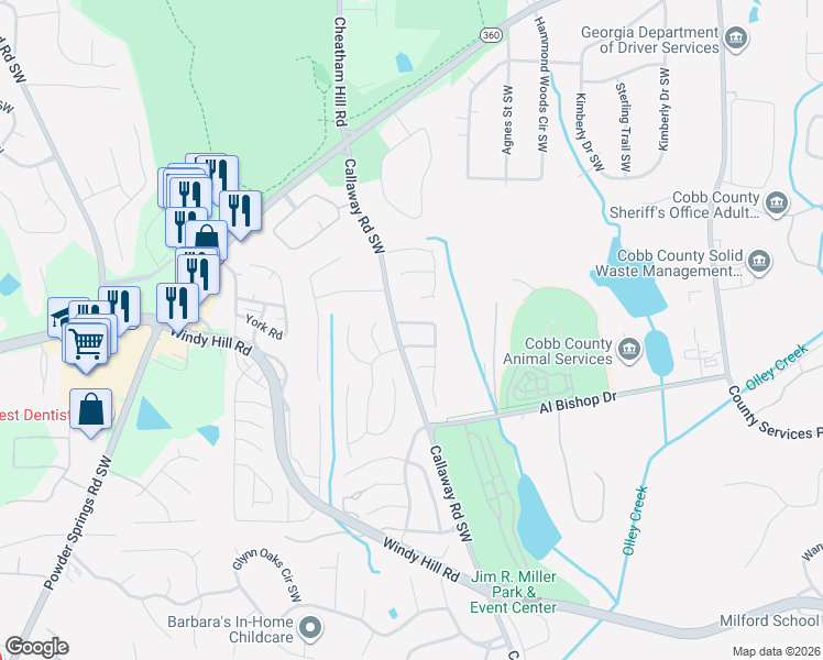 map of restaurants, bars, coffee shops, grocery stores, and more near 1291 Green Tee Drive Southwest in Marietta