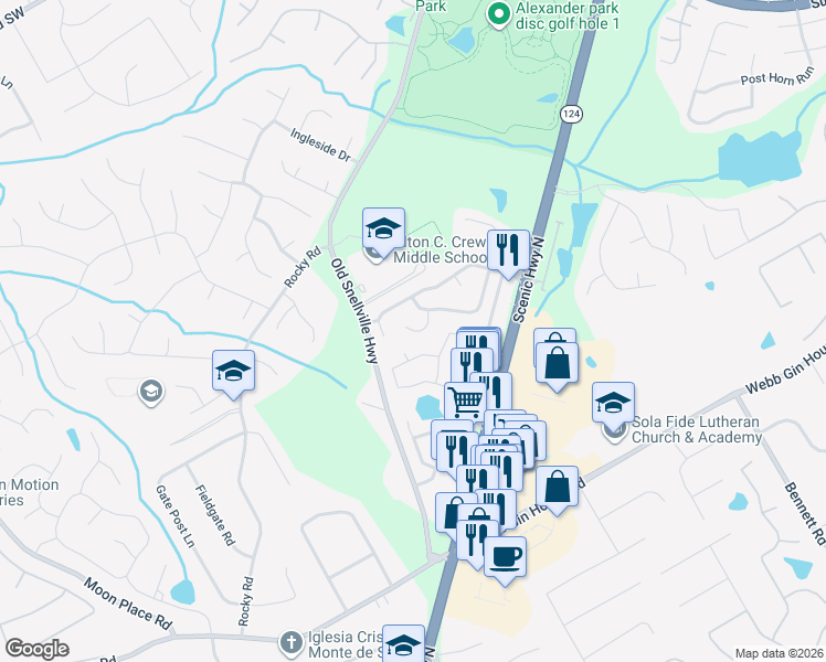 map of restaurants, bars, coffee shops, grocery stores, and more near 1203 Scenic View Circle in Lawrenceville