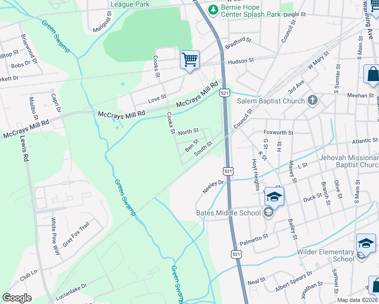 map of restaurants, bars, coffee shops, grocery stores, and more near 343 South Street in Sumter