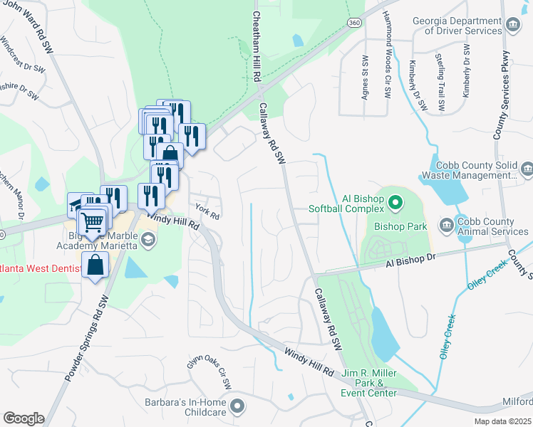 map of restaurants, bars, coffee shops, grocery stores, and more near 1955 Bergerac Court in Marietta