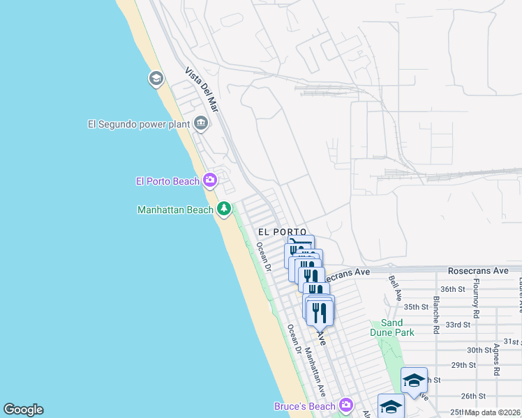 map of restaurants, bars, coffee shops, grocery stores, and more near 209 43rd Street in Manhattan Beach