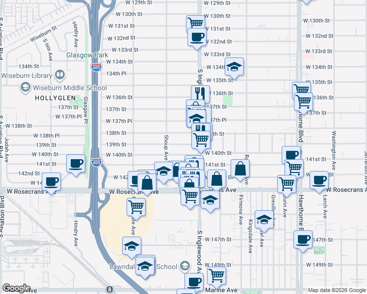 map of restaurants, bars, coffee shops, grocery stores, and more near 4840 139th Street in Hawthorne