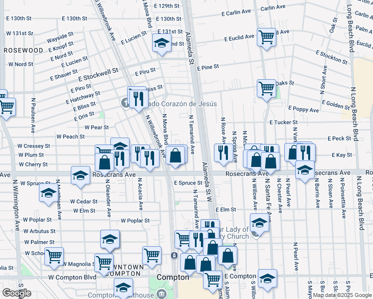map of restaurants, bars, coffee shops, grocery stores, and more near 1214 North Tamarind Avenue in Compton