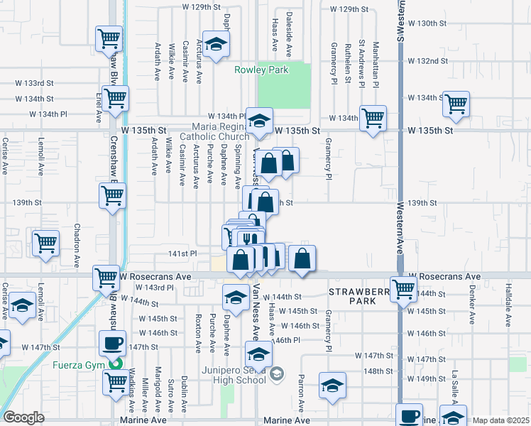 map of restaurants, bars, coffee shops, grocery stores, and more near 14000 Van Ness Avenue in Gardena