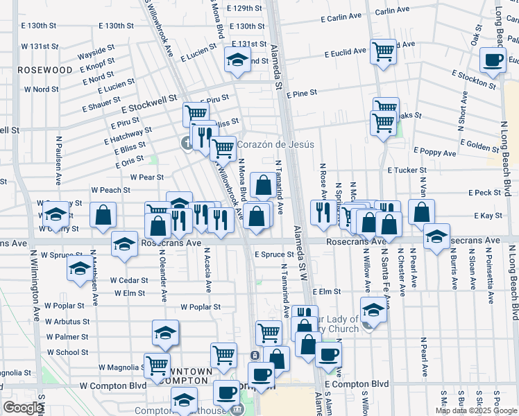 map of restaurants, bars, coffee shops, grocery stores, and more near 1311 North Mulberry Street in Compton