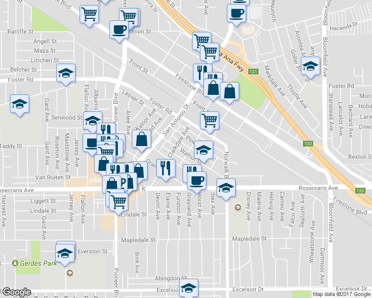 map of restaurants, bars, coffee shops, grocery stores, and more near 12021 Walnut Street in Norwalk
