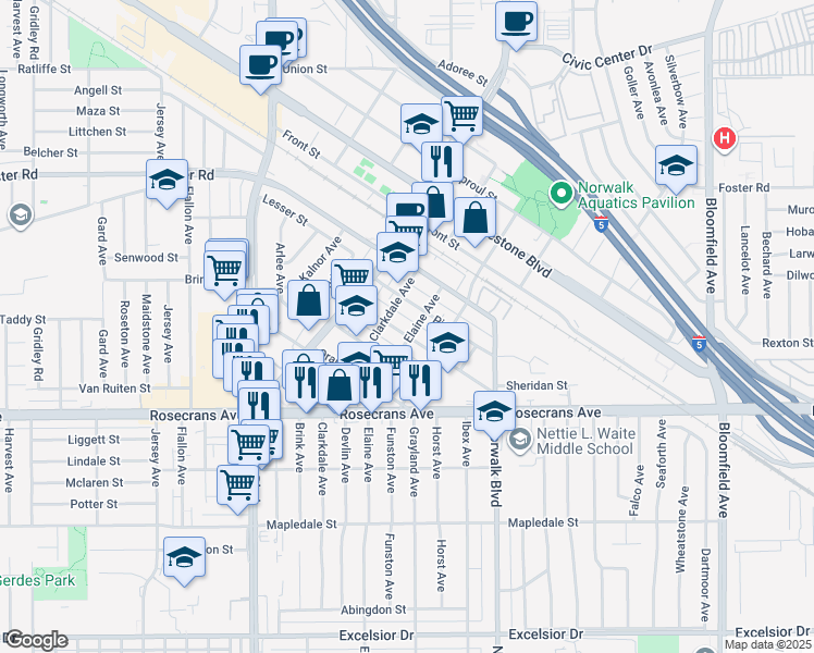 map of restaurants, bars, coffee shops, grocery stores, and more near 12021 Walnut Street in Norwalk