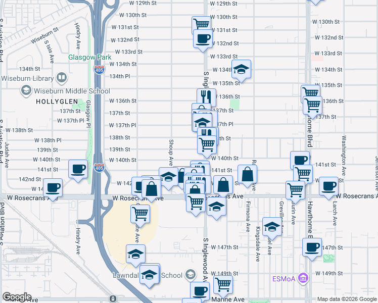 map of restaurants, bars, coffee shops, grocery stores, and more near 4840 139th Street in Hawthorne