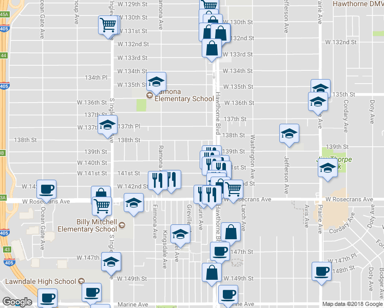 map of restaurants, bars, coffee shops, grocery stores, and more near 13914 Grevillea Avenue in Hawthorne
