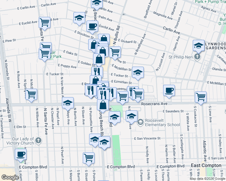 map of restaurants, bars, coffee shops, grocery stores, and more near 1508 East Queensdale Street in Compton