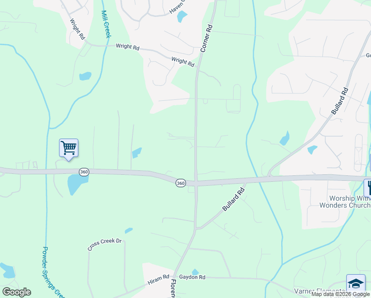 map of restaurants, bars, coffee shops, grocery stores, and more near 2020 Corner Road in Powder Springs