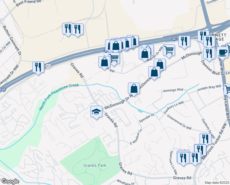 map of restaurants, bars, coffee shops, grocery stores, and more near 6555 McDonough Drive Northwest in Norcross