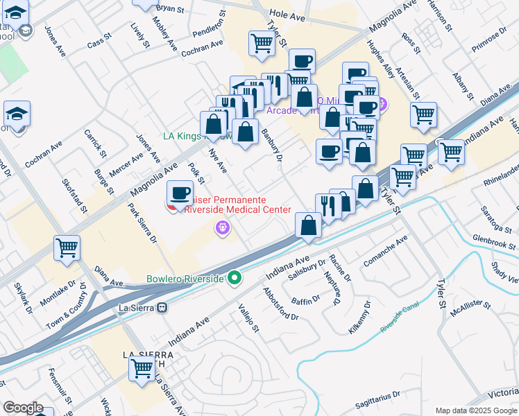 map of restaurants, bars, coffee shops, grocery stores, and more near 10544 White Oak Drive in Riverside
