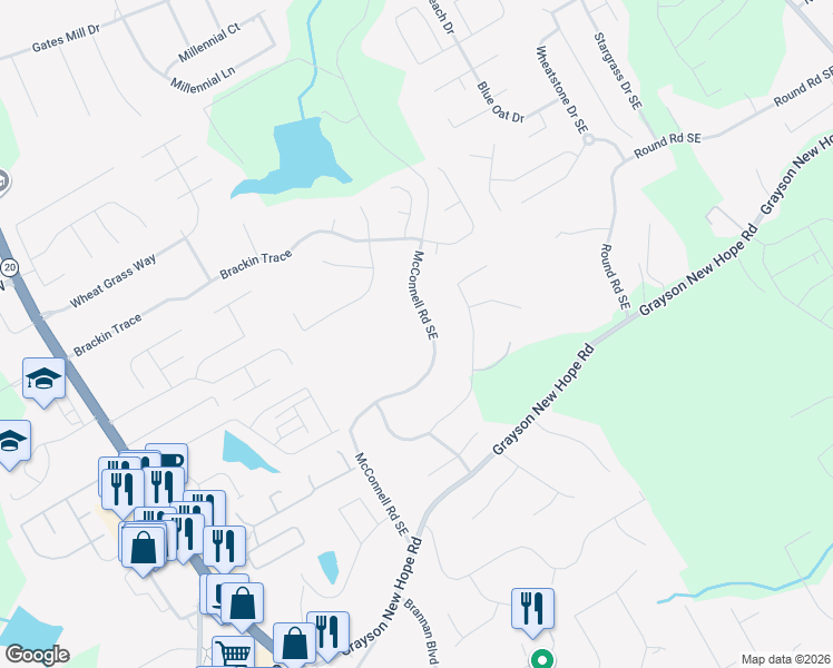 map of restaurants, bars, coffee shops, grocery stores, and more near 1861 McConnell Road Southeast in Grayson