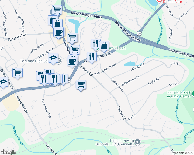 map of restaurants, bars, coffee shops, grocery stores, and more near 268 Lester Road Northwest in Lawrenceville