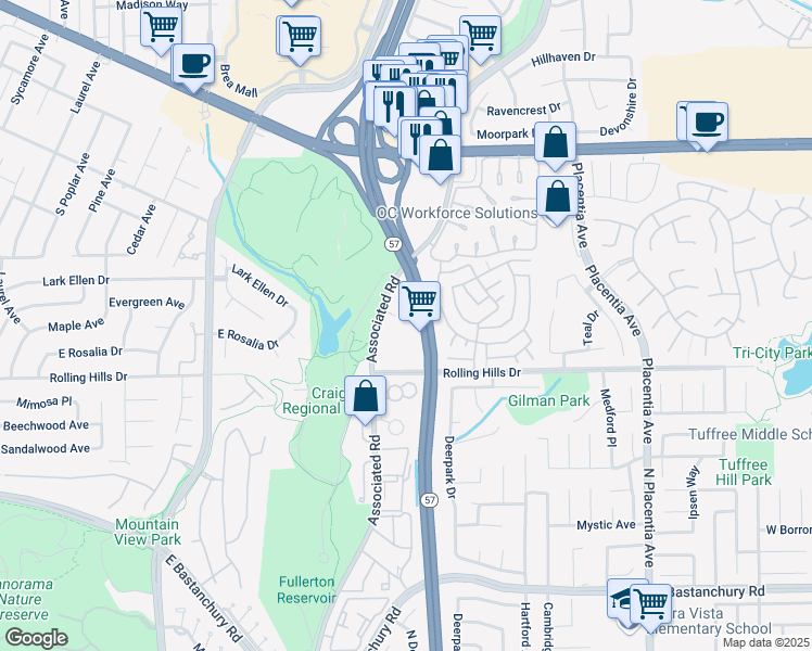 map of restaurants, bars, coffee shops, grocery stores, and more near in Fullerton