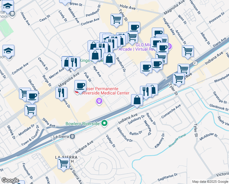 map of restaurants, bars, coffee shops, grocery stores, and more near 10544 White Oak Drive in Riverside