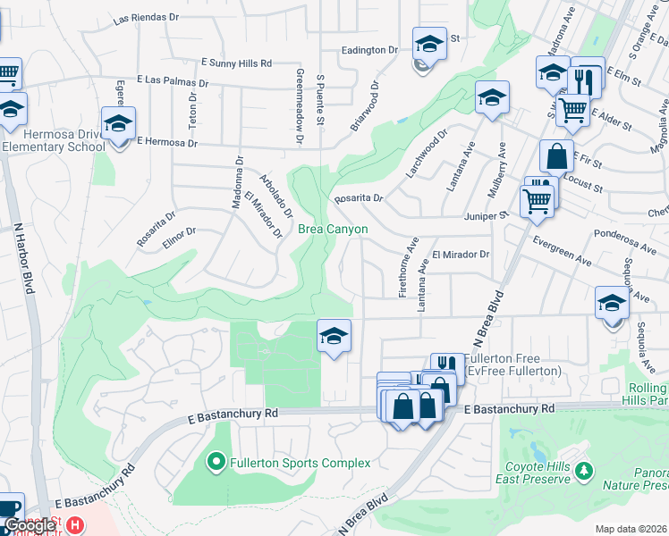 map of restaurants, bars, coffee shops, grocery stores, and more near 736 Arroues Drive in Fullerton