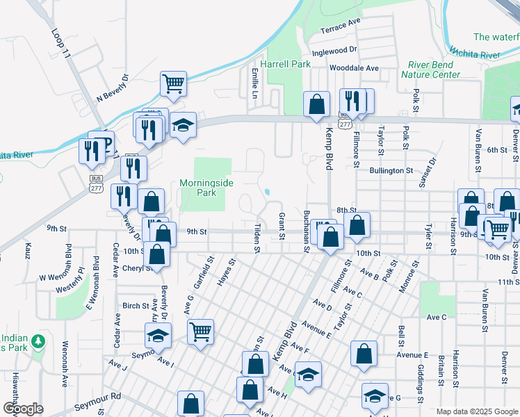 map of restaurants, bars, coffee shops, grocery stores, and more near 300 Morningside Drive in Wichita Falls