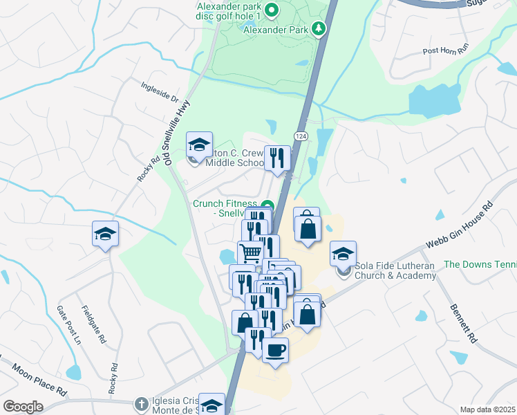 map of restaurants, bars, coffee shops, grocery stores, and more near 1063 Overview Drive Southwest in Lawrenceville