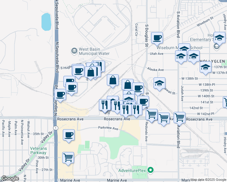 map of restaurants, bars, coffee shops, grocery stores, and more near 2121 Park Place in El Segundo