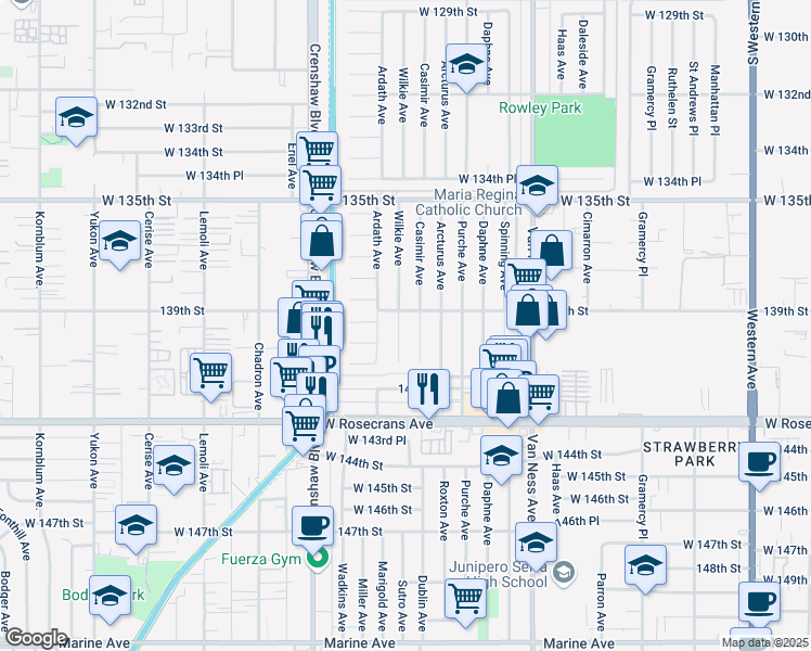 map of restaurants, bars, coffee shops, grocery stores, and more near 14000 Wilkie Avenue in Gardena